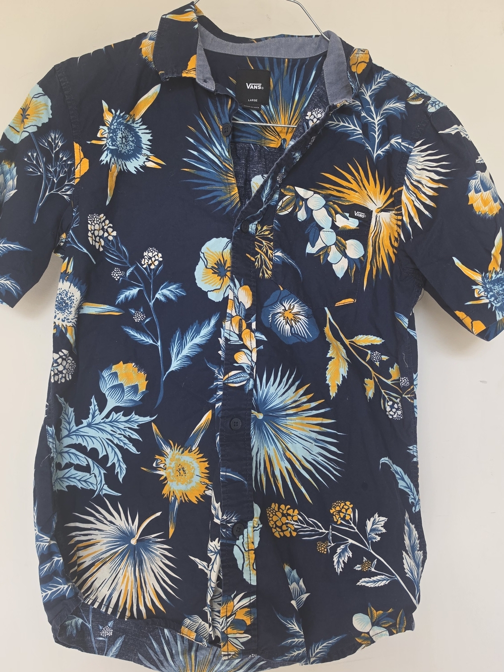 Vans Navy Blue Floral Short Sleeve Button-Up with Yellow Accents